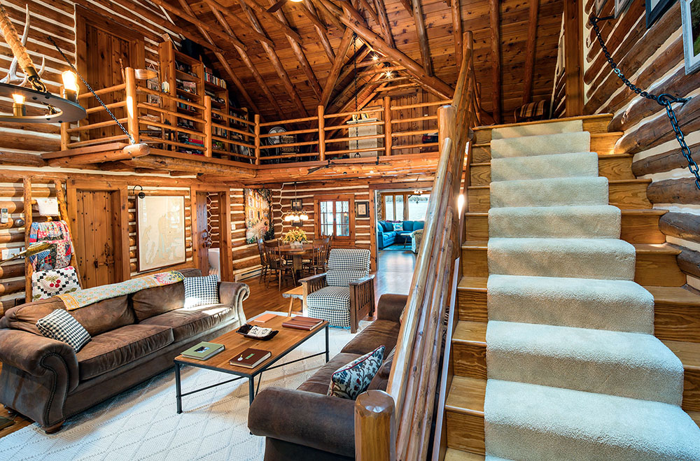 Log home living room and loft